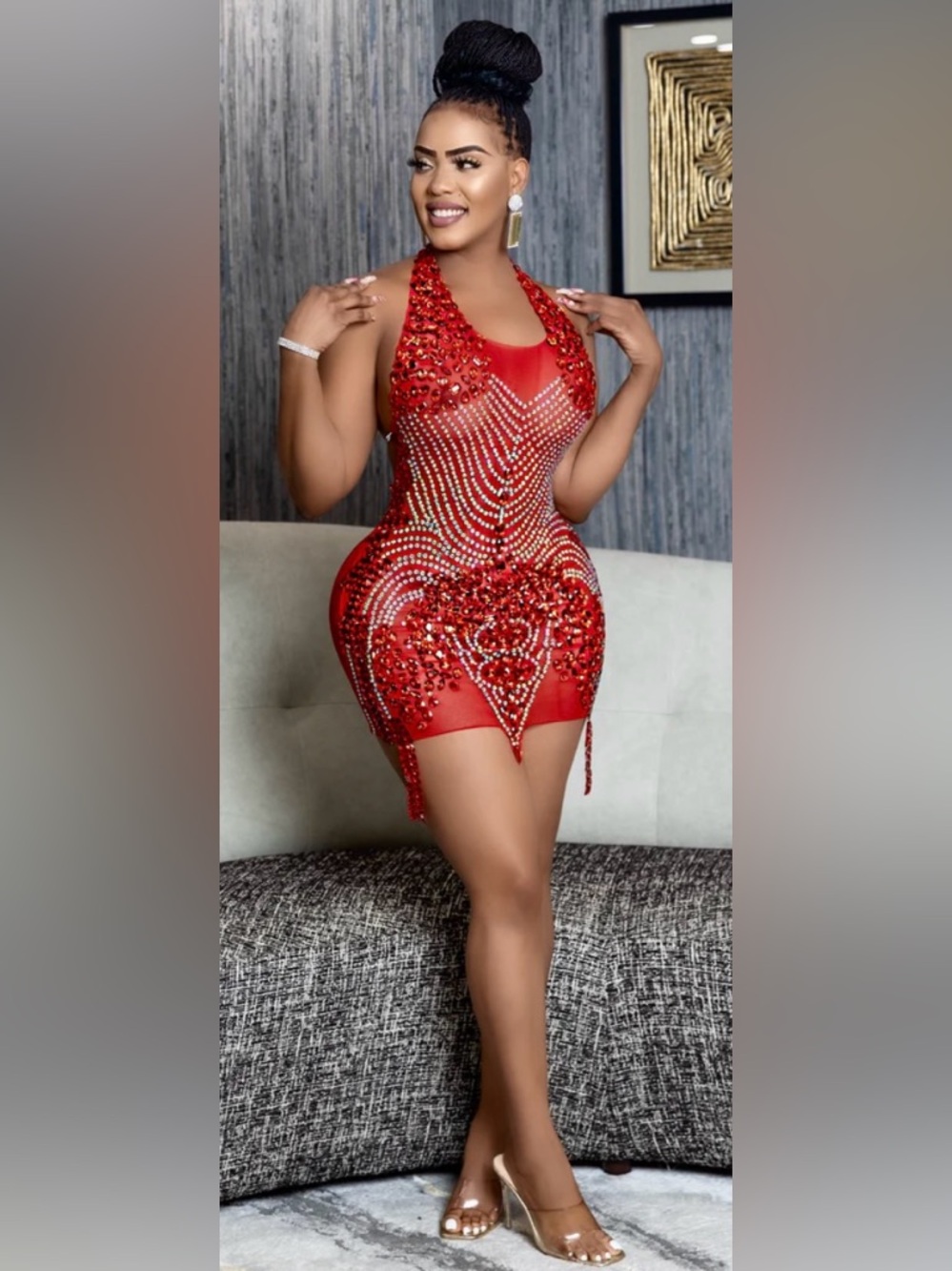 Red Crystal Embellished Bodycon Mini Dress
